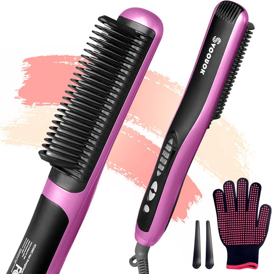 Straightening Comb - 2-in-1 Ceramic Hot Brush Straightener with Auto-Off & Anti-Scald, Fast Heating for Thick Hair, Home, Salon & Travel