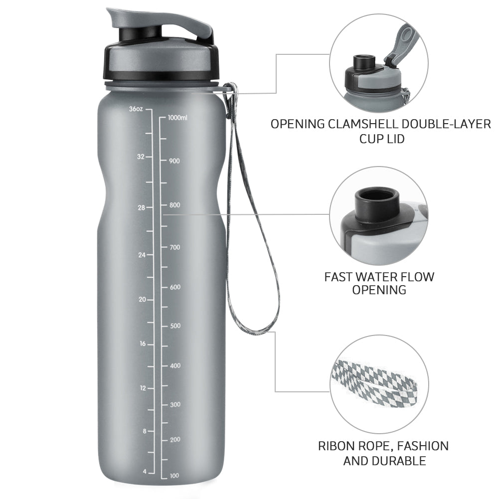 Sports Water Bottle, BPA Free & Frosted Tritan Plastic, 36oz Water Bottle with Leak Proof Flip Top Lid, Apply to The Gym, Yoga, Running, Outdoors, Cycling, and Camping… (Gray)