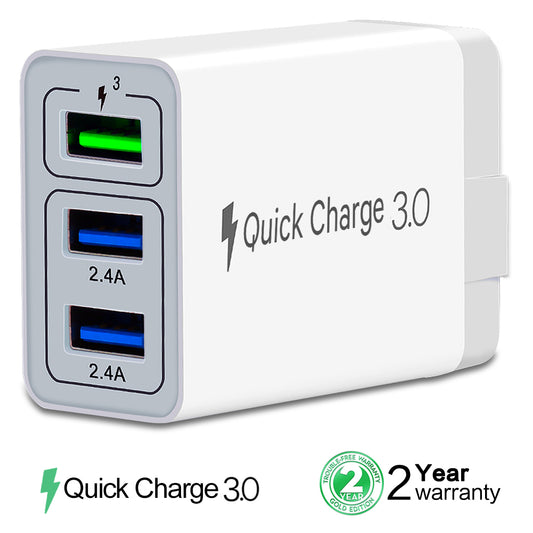 Fast Wall Charger QC 3.0 USB Quick Charge 3 Ports Tablet iPad Phone Charger Adapter Travel Plug Compatible iPhone X/Xs/XS Max/XR/8/8+/7P/7/6/5 Samsung S8/S7/S6/Edge/LG HTC