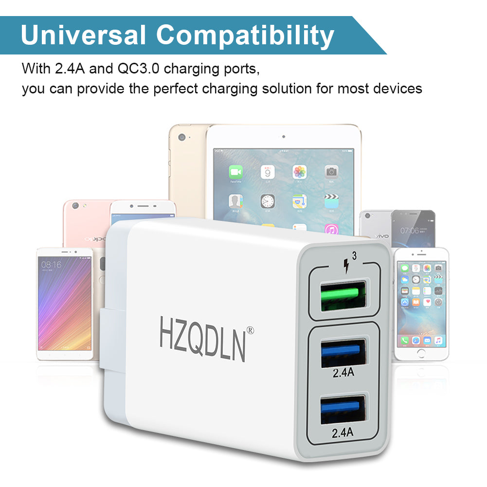 Fast Wall Charger QC 3.0 USB Quick Charge 3 Ports Tablet iPad Phone Charger Adapter Travel Plug Compatible iPhone X/Xs/XS Max/XR/8/8+/7P/7/6/5 Samsung S8/S7/S6/Edge/LG HTC